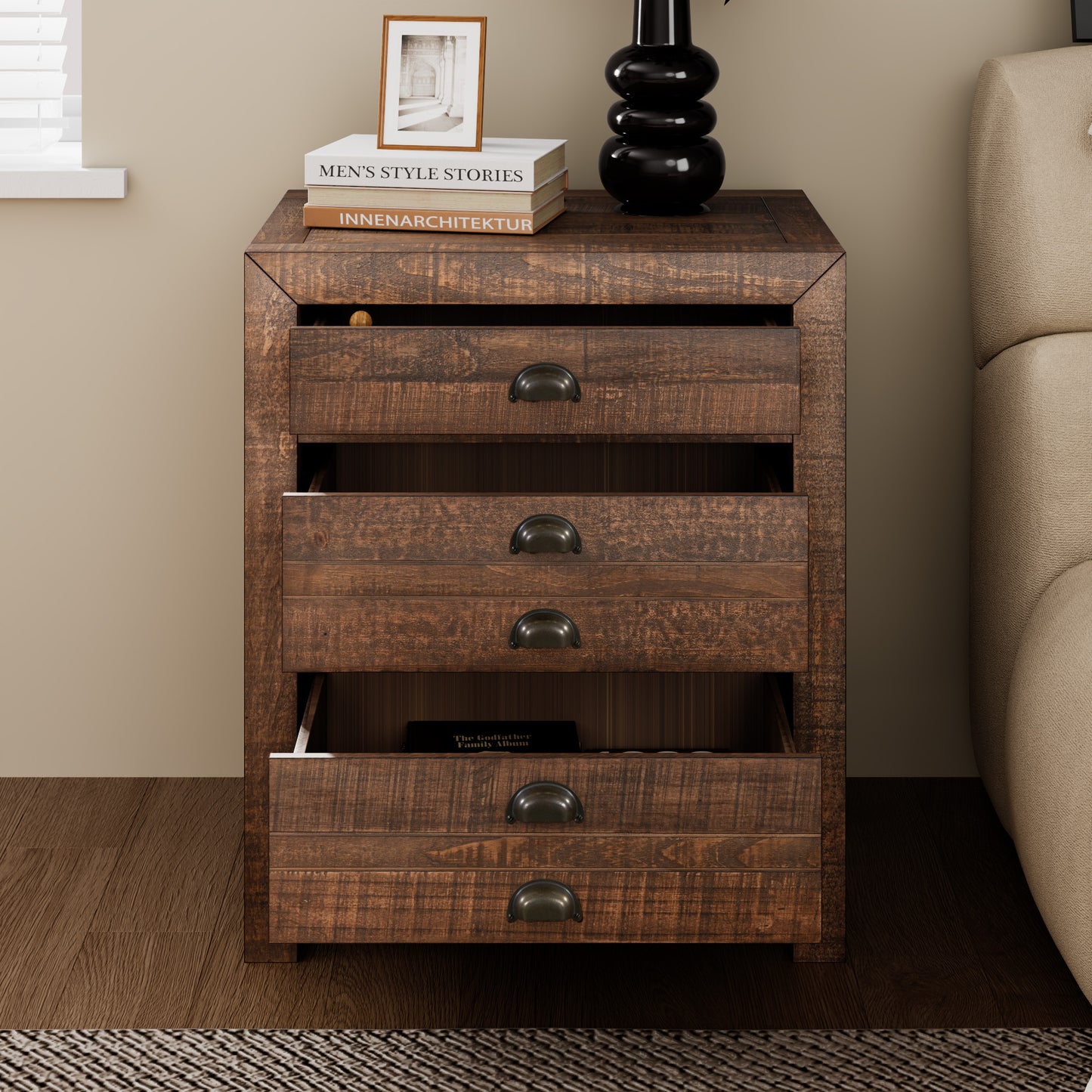 Rustic 3-Drawer Pine Wood Nightstand