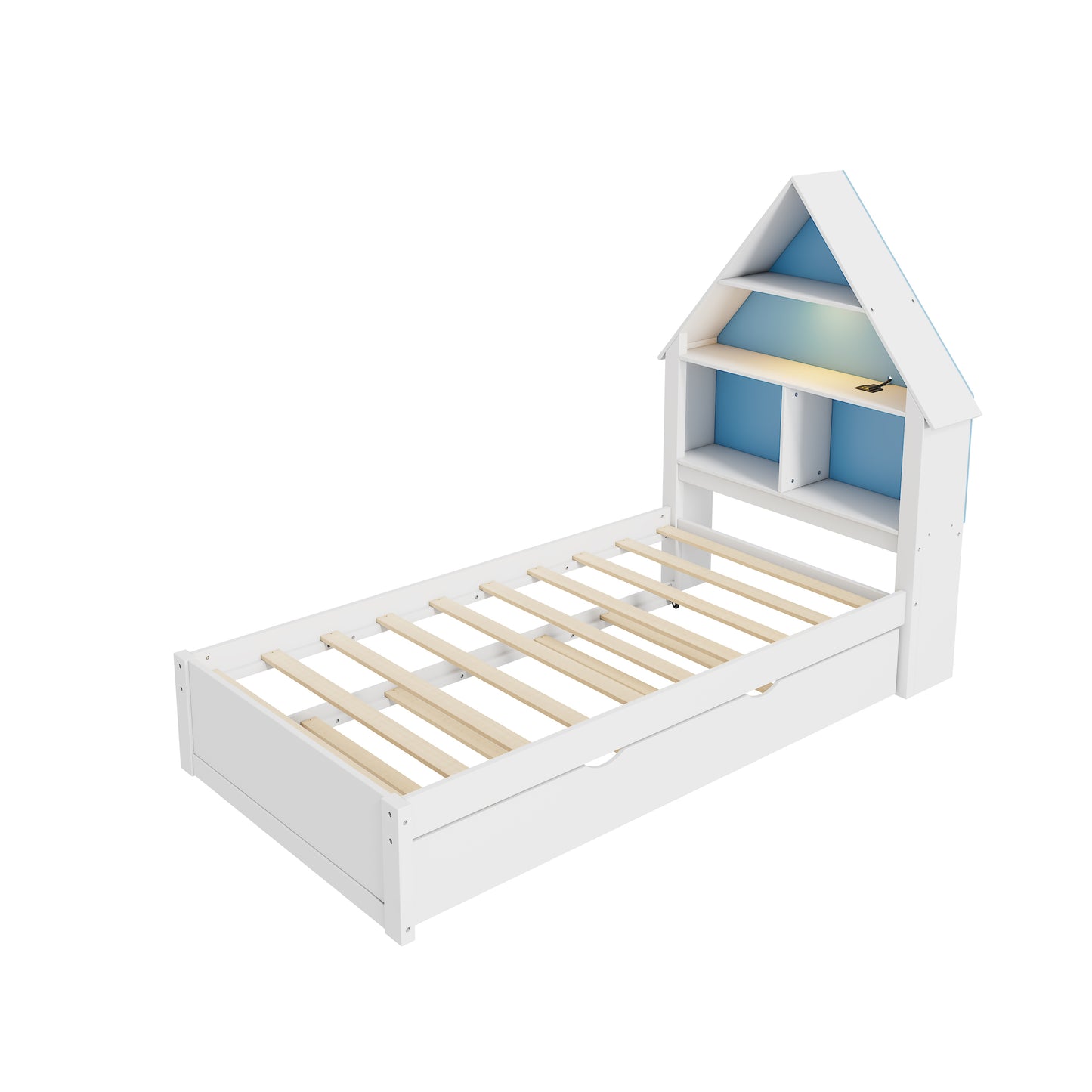 White & Blue House-Shaped Twin Bed with Bookcase Headboard