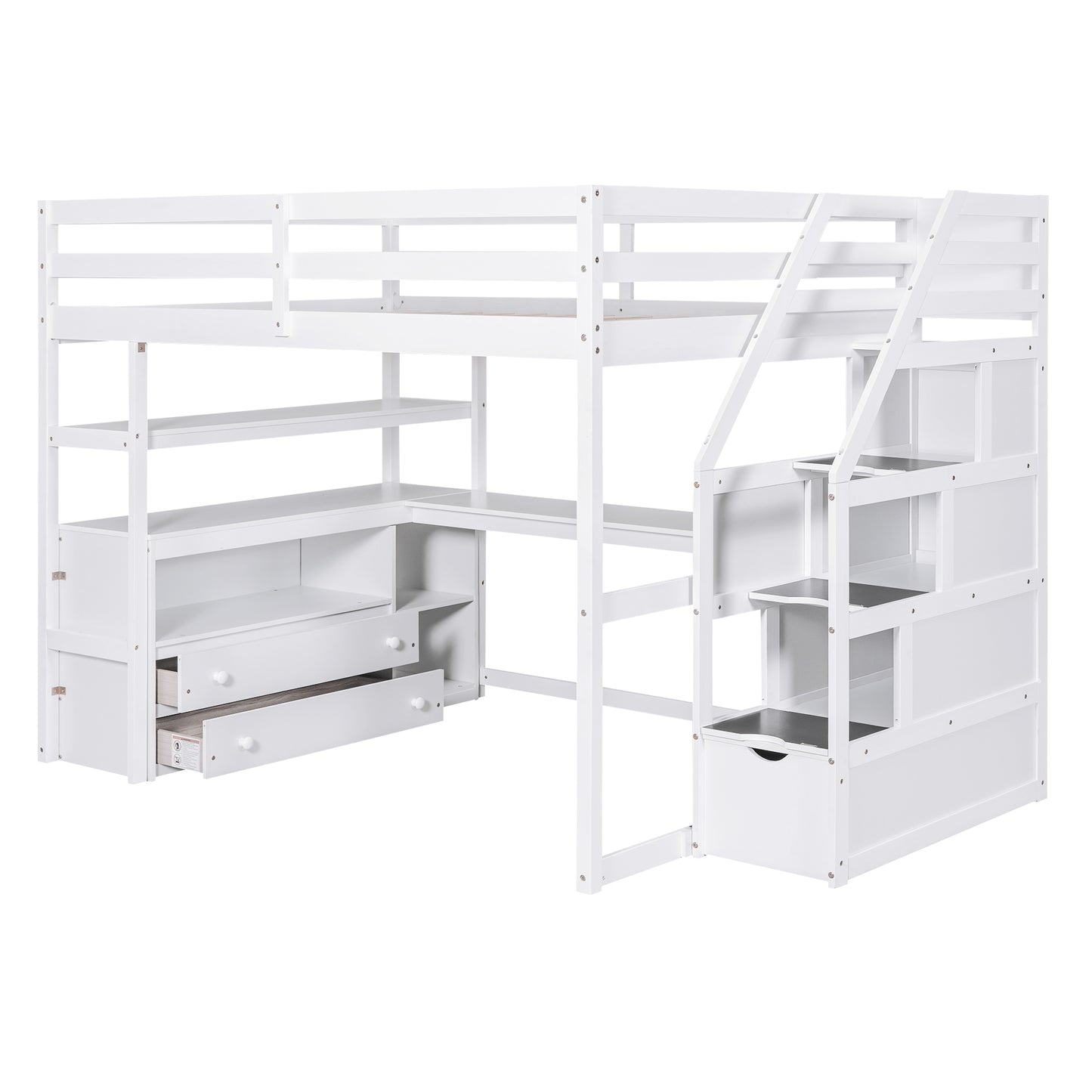 White Full Size Loft Bed with Desk, Shelves, and Built-in Drawers